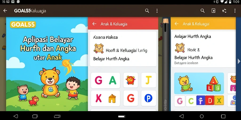 Tampilan antarmuka aplikasi GOAL55 untuk belajar huruf dan angka.